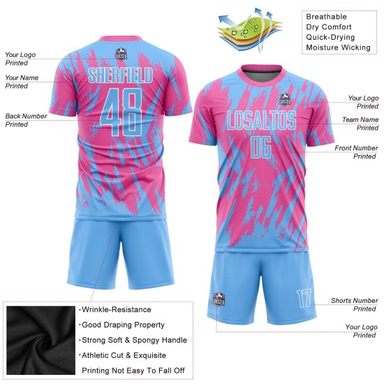Custom Pink Light Blue-White Sublimation Soccer Uniform Jersey Custom Pink Light Blue-White Sublimation Soccer Uniform Jersey