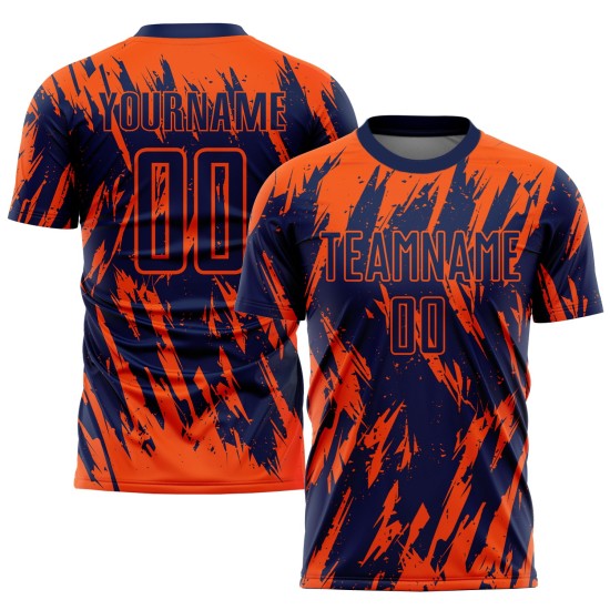 Maillot de football personnalisé orange bleu marine par sublimation Maillot de football personnalisé orange bleu marine par sublimation