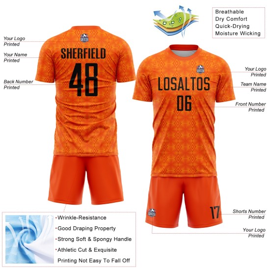 Maillot de football personnalisé à sublimation avec formes géométriques orange Black-Bay Maillot de football personnalisé à sublimation avec formes géométriques orange Black-Bay