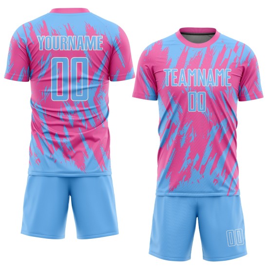 Custom Pink Light Blue-White Sublimation Soccer Uniform Jersey Custom Pink Light Blue-White Sublimation Soccer Uniform Jersey
