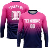 Maillot de football personnalisé à manches longues, rose, blanc et bleu marine, imprimé par sublimation