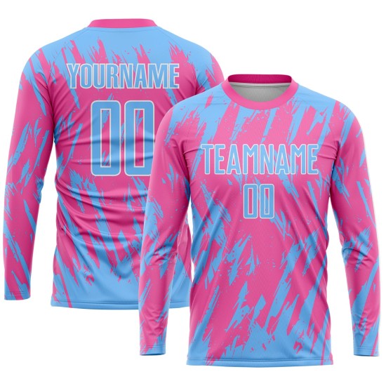 Custom Pink Light Blue-White Sublimation Soccer Uniform Jersey Custom Pink Light Blue-White Sublimation Soccer Uniform Jersey