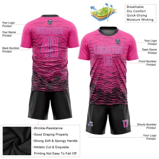 Maillot de football personnalisé rose, noir et bleu clair, sublimé Maillot de football personnalisé rose, noir et bleu clair, sublimé