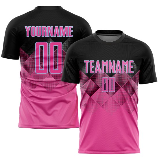 Custom Pink Black-LIght Blue Gradient Square Shape Sublimation Soccer Uniform Jersey Custom Pink Black-LIght Blue Gradient Square Shape Sublimation Soccer Uniform Jersey