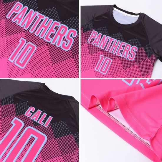 Custom Pink Black-LIght Blue Gradient Square Shape Sublimation Soccer Uniform Jersey Custom Pink Black-LIght Blue Gradient Square Shape Sublimation Soccer Uniform Jersey