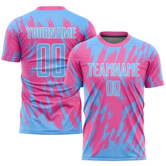 Custom Pink Light Blue-White Sublimation Soccer Uniform Jersey Custom Pink Light Blue-White Sublimation Soccer Uniform Jersey