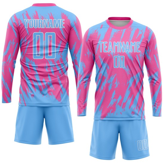 Custom Pink Light Blue-White Sublimation Soccer Uniform Jersey Custom Pink Light Blue-White Sublimation Soccer Uniform Jersey