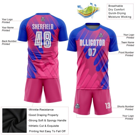 Maillot de football personnalisé à sublimation rose, blanc et bleu roi Maillot de football personnalisé à sublimation rose, blanc et bleu roi